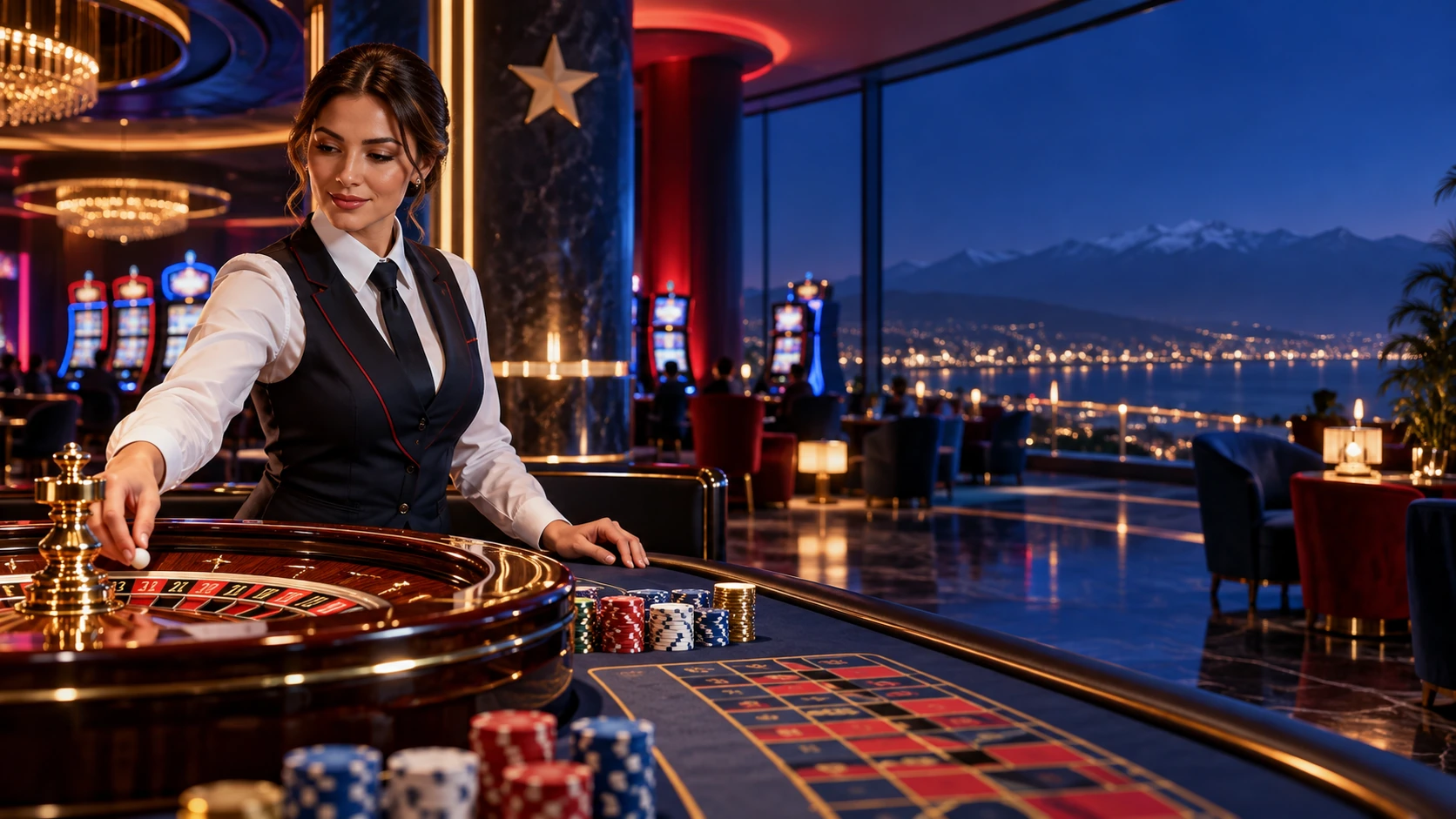 Crupier en una mesa de ruleta con iluminación inspirada en Chile